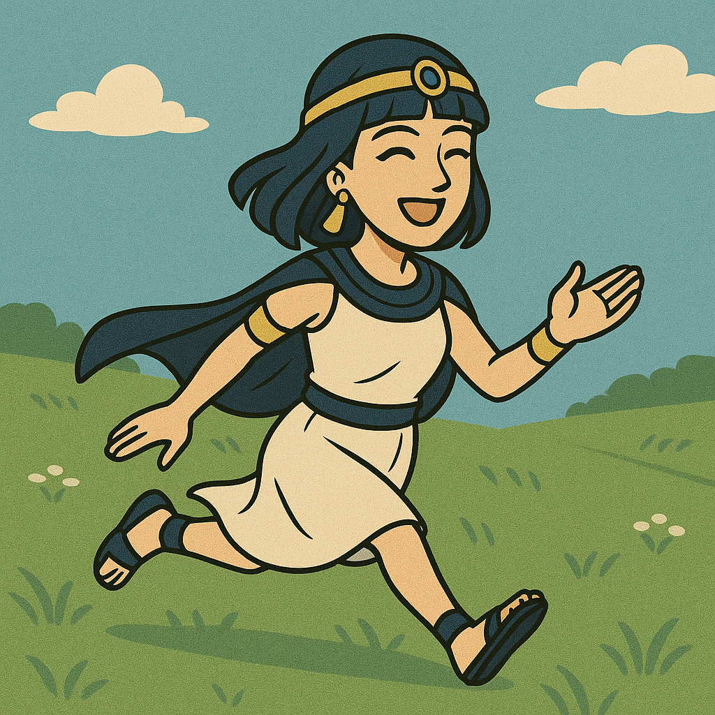 草原を走る少女の画像